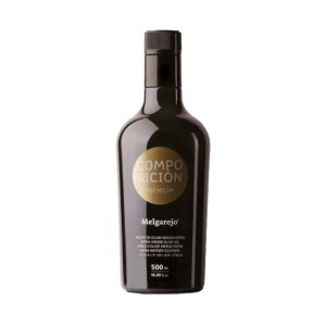 Aceite de oliva virgen extra Melgarejo premium, composición. Botella de 500 ml.