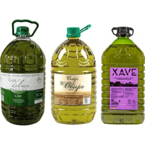 Lote de tres envases de 5 litros de AOVE de las marcas Casa del Agua, Cortijo el Obispo y Xave.